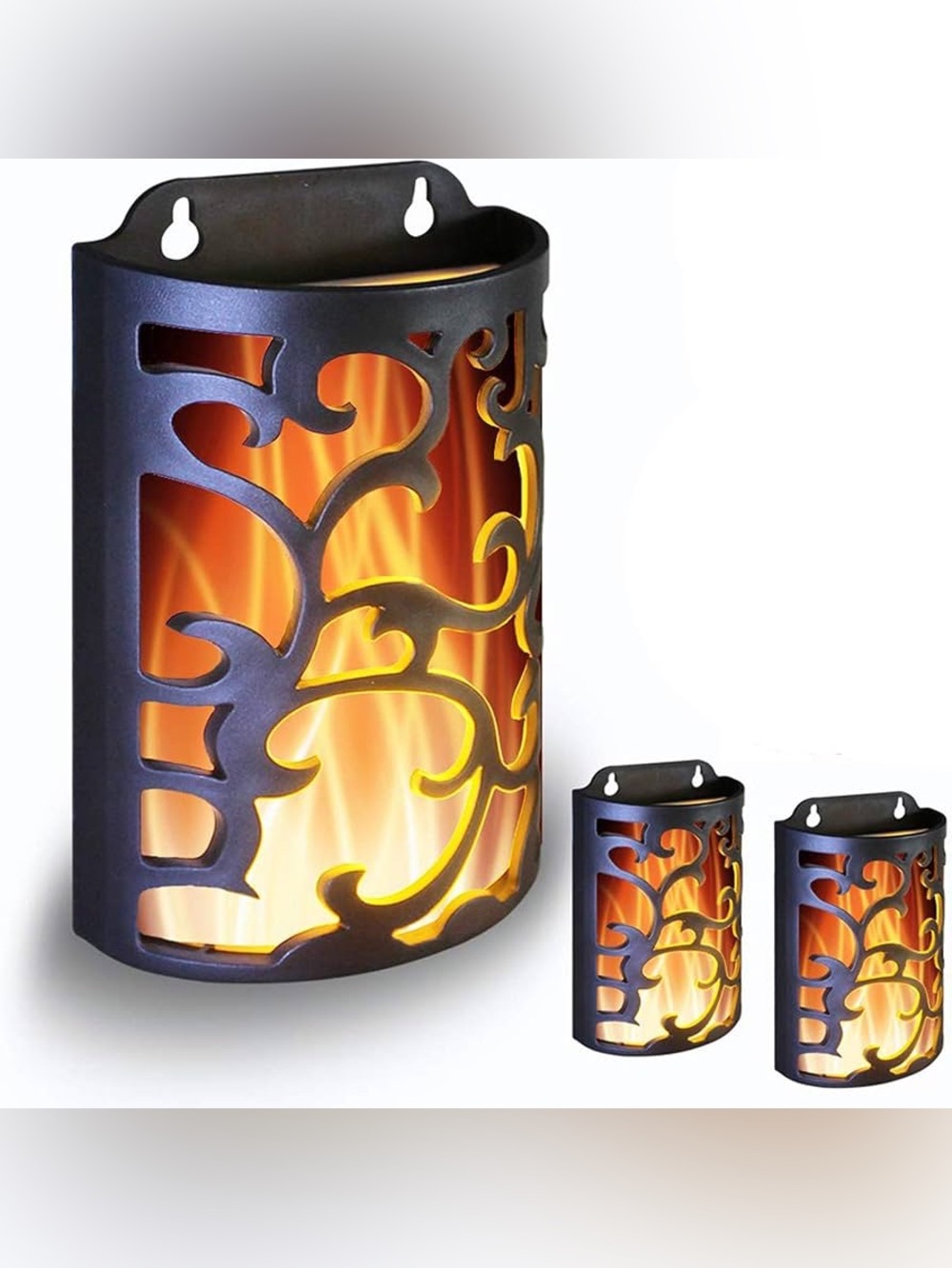 Decorative Black Metal Wall Sconce Lantern with Amber Flame Accent 3 pack